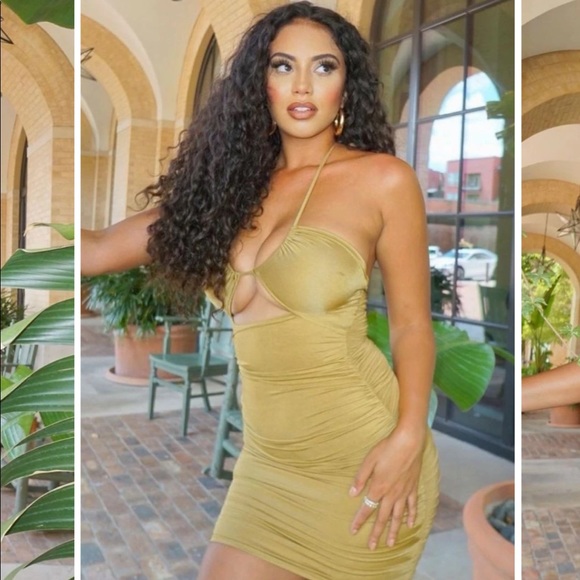 Olive slinky cross strap ruched mini dress - Picture 6 of 8